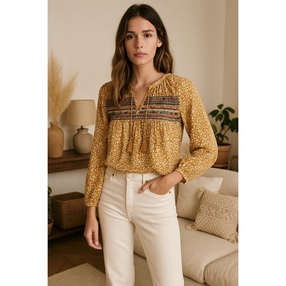 Savanna Jane Yellow Print Embroidered Tassel Boho Blouse Top Women's Small - Picture 1 of 8